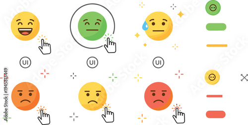Customer satisfaction rating interface with emoji feedback scale user experience review and evaluation UI vector illustration