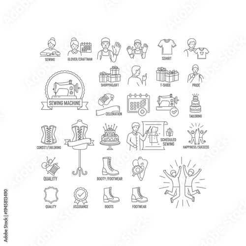 A collection of icons related to sewing and manufacturing
