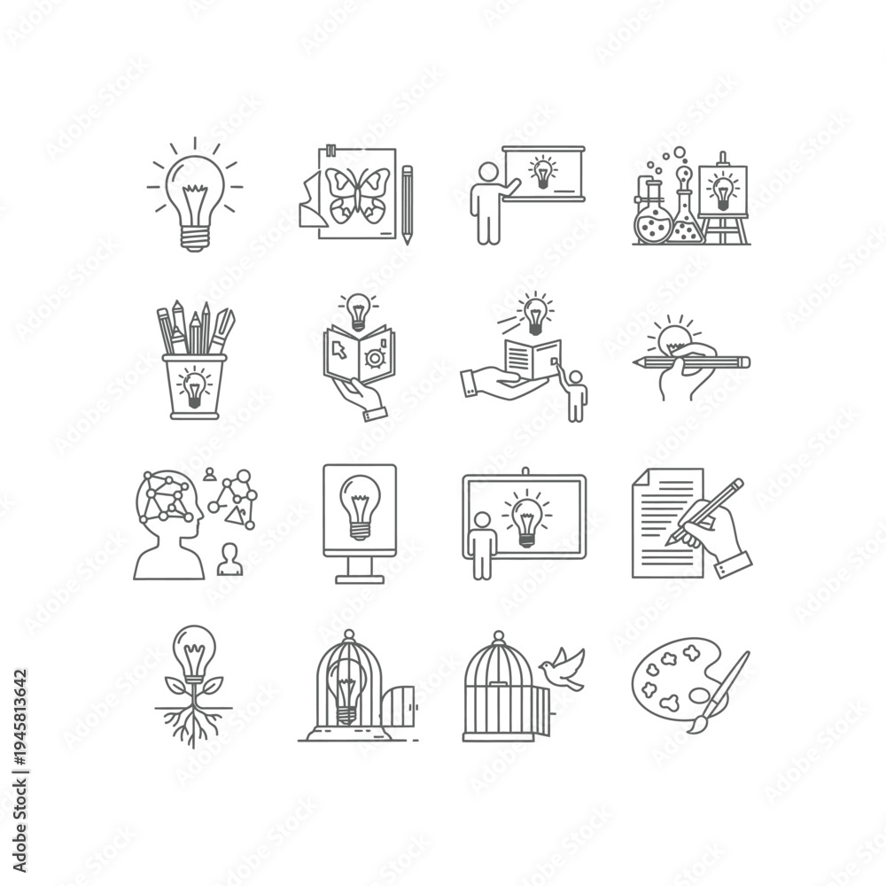 Fototapeta premium A collection of black and white icons representing ideas and creativity