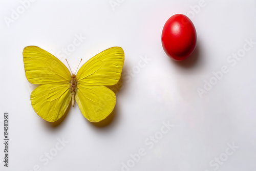 Minimalist Easter composition with yellow butterfly and red egg on white background
