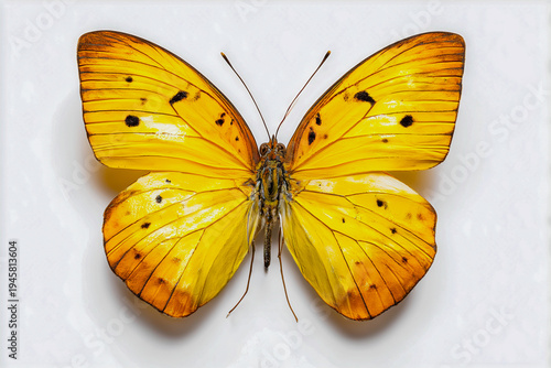 Minimalist Easter composition with yellow butterfly  on white background