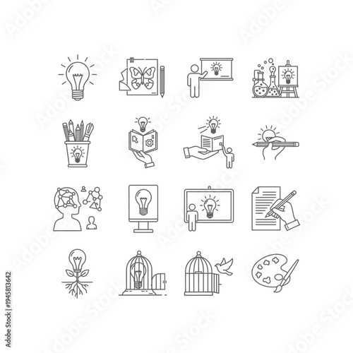 A collection of black and white icons representing ideas and creativity