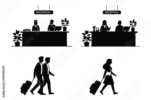 Airport check in and travel silhouettes