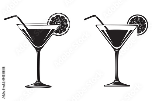 Two black martini cocktails with lemon slices and straws