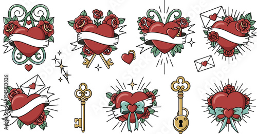 Vintage heart tattoo collection with roses ribbons keys envelopes and romantic symbols traditional old school vector illustration