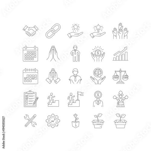 A collection of 20 line icons related to business and finance