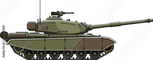 Side view illustration of modern military battle tank with camouflage paint, long barrel gun, turret weapon, armor plating, and tracked wheel system for combat design.