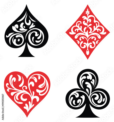 Decorative playing card suits vector set, elegant spade, heart, diamond, and club icons with intricate baroque floral scrollwork, perfect for casino branding, card games, and luxury gaming visuals.