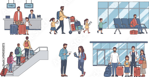 Airport travel activities collection with family check in, waiting area, boarding stairs and luggage transport vector illustration set