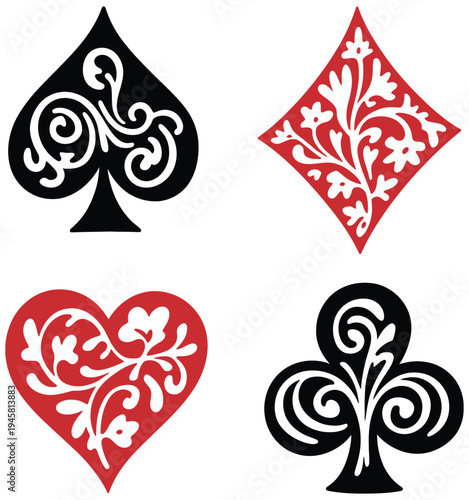 Ornate playing card suits set with baroque floral scrollwork, decorative spade, heart, diamond, and club icons, elegant vintage casino vector elements for poker, card games, and luxury gambling design