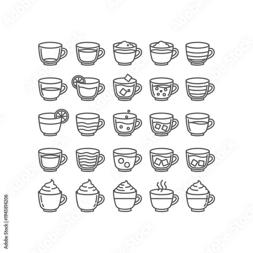 A collection of various cups with different contents