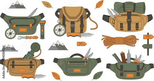 Outdoor hiking waist bag set with camping tools compass knife flashlight rope and travel adventure gear vector illustration