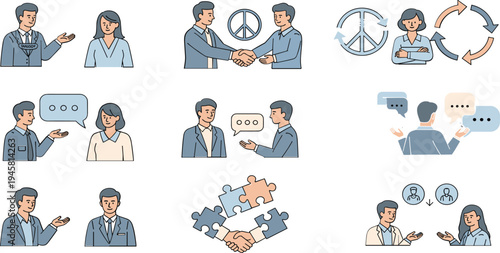 Business Communication and Partnership Vector Set with Handshake Dialogue Peace Symbol Teamwork Collaboration and Professional Discussion Illustration
