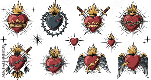 Sacred heart tattoo set with flames crown sword wings and barbed wire traditional old school vector illustration