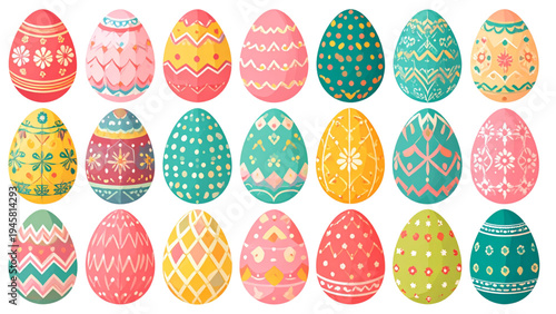 Decorative Easter eggs collection with ornamental patterns and colorful designs, festive holiday egg shapes for spring celebration vector illustration set