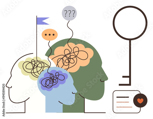 Psychology, problem-solving, communication, decision-making, mental health, cognitive understanding. Abstract human heads with tangled lines, dialogue bubbles and a key. Psychology