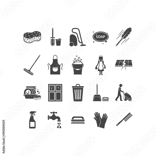 A collection of cleaning supplies and tools