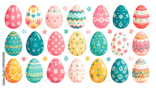 Decorative Easter eggs collection with ornamental patterns and colorful designs, festive holiday egg shapes for spring celebration vector illustration set