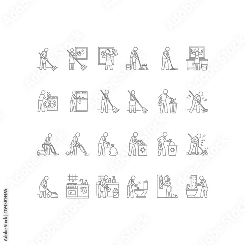 A collection of line drawings depicting various cleaning activities