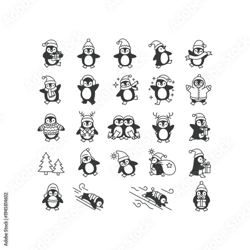 Christmas penguins in various winter activities