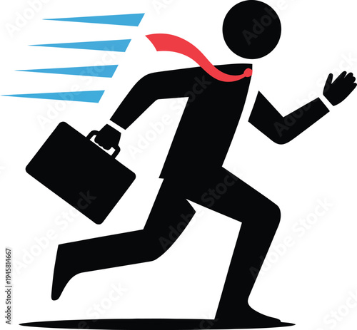 Businessman running fast with briefcase in hand and red tie flying behind him quickly