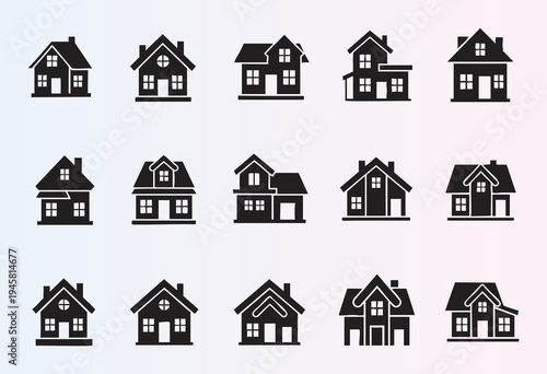 Collection of various house and home silhouette icons in monochrome