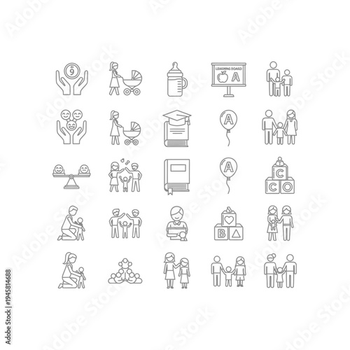 A collection of 20 simple line icons depicting various aspects of family and education