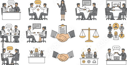 Business Meeting and Negotiation Vector Set with Handshake Teamwork Discussion Partnership Agreement and Office Communication Illustration