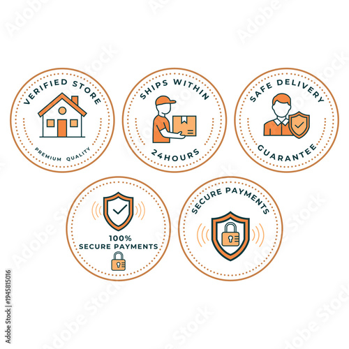E-commerce trust badges and delivery icons set, outline orange and teal shopping labels.