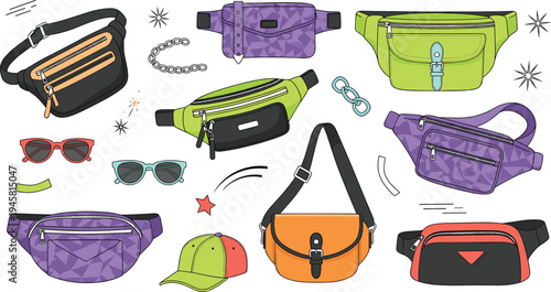 Trendy waist bag fashion set with colorful fanny packs sunglasses cap and street style accessories vector illustration