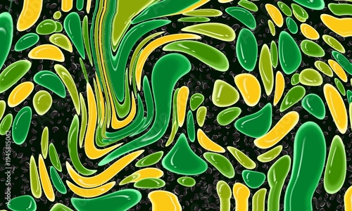 Abstract digital art with a dynamic swirl of green and yellow shapes