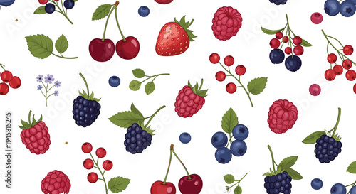 Colorful Berry and Cherry Seamless Pattern with Strawberry Raspberry Blueberry Blackberry Leaves and Branches for Fresh Fruit Background Vector Illustration