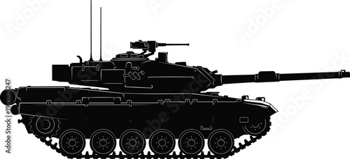Black silhouette side view of modern military battle tank with long barrel gun, turret machine gun, antennas, armor plating, and tracked wheel system design.