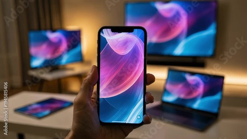 Phone displaying live streaming content with blurred tablet TV and laptop showcasing simultaneous synchronization in a connected ecosystem.