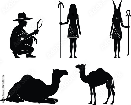 Egyptian deity silhouette illustration, pharaoh artwork design, camel desert graphic, archaeological exploration symbol, cultural heritage artwork, wildlife scene drawing, black white