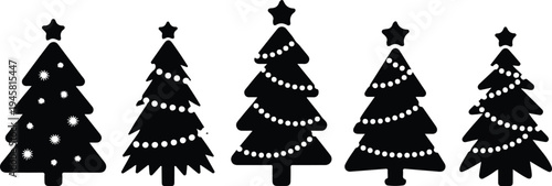 black Christmas tree silhouettes with stars and decorative lights for winter holiday season and festive celebration.