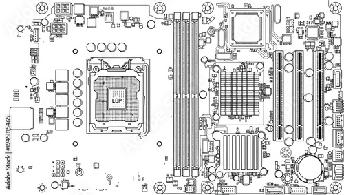 Detailed Motherboard Circuit Layout Illustration, Professional Computer Hardware Engineering Schematic, Dual Processor Sockets, Technical Electronics Design for Server Systems, Hardware Mockup.