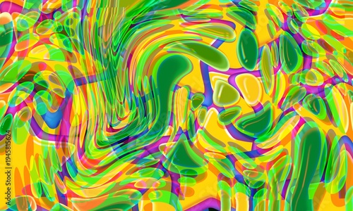 Abstract digital art with a dynamic swirl of green and yellow shapes