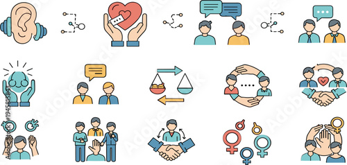 Communication and Social Support Icons Vector Set with Listening Ear Empathy Care Dialogue Teamwork Gender Equality and Collaboration Symbols