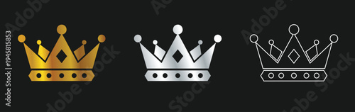 Three crowns in gold silver and line art styles on a black background