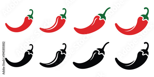 Hot chili pepper set, red pepper symbols in solid and outline styles, suitable for culinary illustrations, restaurant menus, spice level indicators, and editable vector design projects.