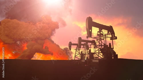 Wallpaper Mural Oil pump jacks silhouettes against massive explosion and fire at oil field from missiles during the war with Iran dramatic 3D render concept Torontodigital.ca