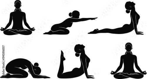 Yoga poses silhouette set with woman practicing meditation and stretching exercises, fitness and wellness yoga posture collection for healthy lifestyle vector