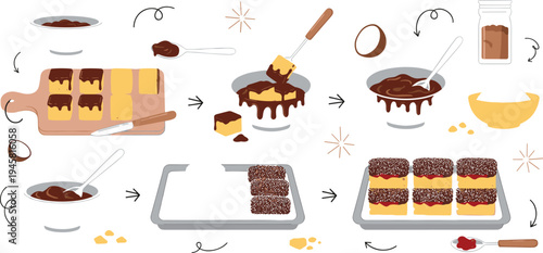 Chocolate layered cake recipe process with baking steps mixing frosting slicing dessert preparation vector illustration