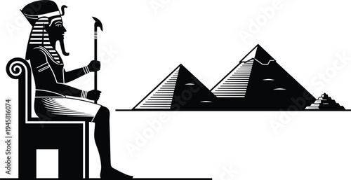 Egyptian pharaoh throne illustration, pyramid artwork design, ancient architecture graphic, cultural heritage symbol, historical monument drawing, desert landmark artwork, black white art
