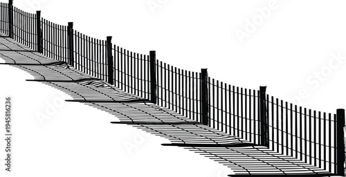 Metal fence silhouette perspective, long security barrier with shadow, outdoor boundary protection concept, iron railing structure, architectural fence design