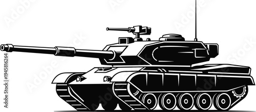 Black and white side view illustration of modern military battle tank with long barrel gun, turret machine gun, antenna, armored body, and continuous track system.