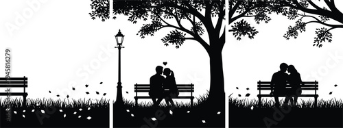 Romantic couple sitting on park bench silhouette, love and relationship scene under tree, romantic nature illustration isolated background