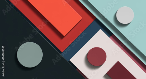 Abstract geometric composition featuring layered shapes and vivid color gradients