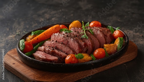 Tasty sliced beef tongue with veggies and spices on a dark surface